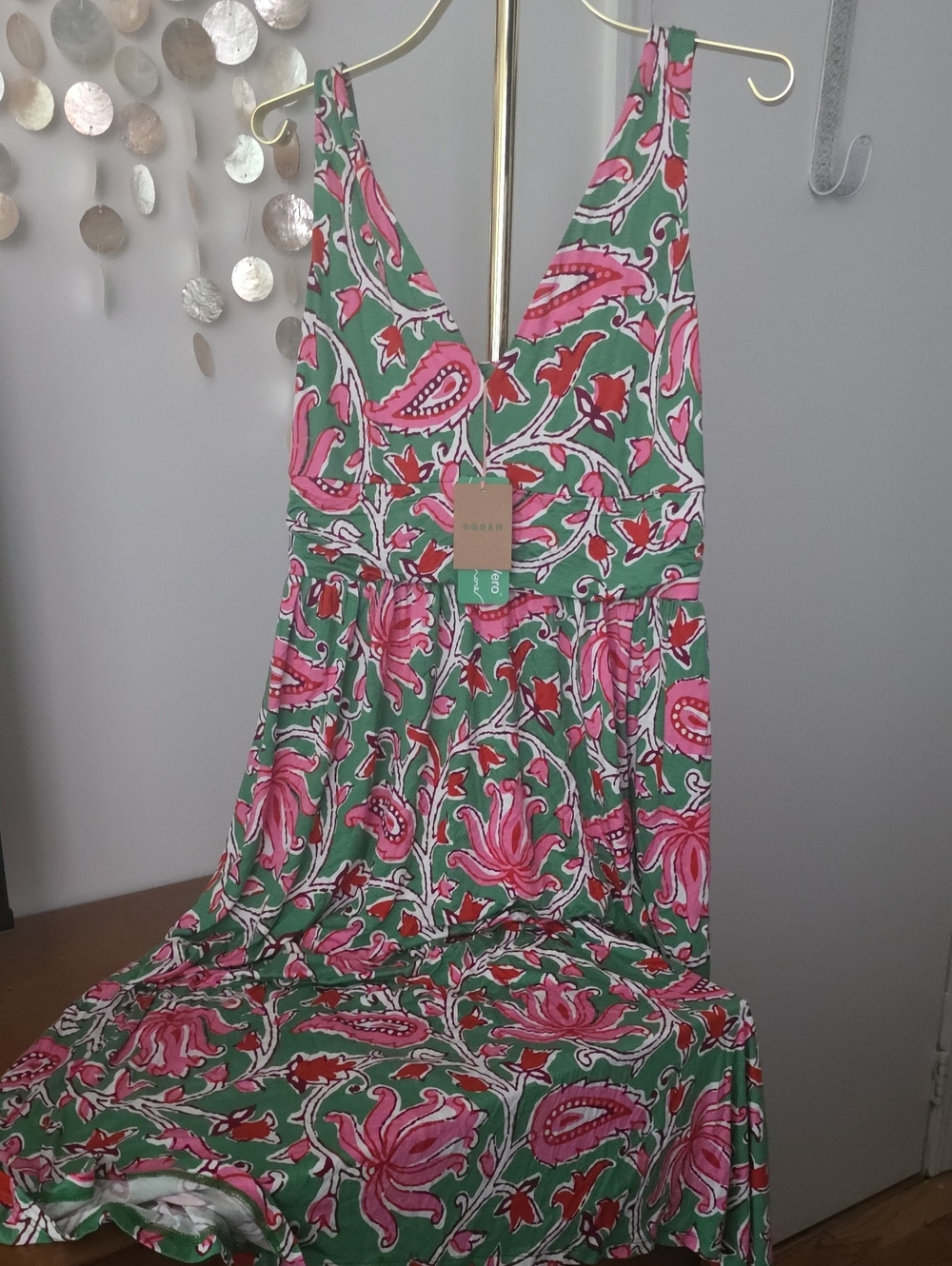 Boden Paisley Floral V-Neck Maxi Dress in Green and Pink
